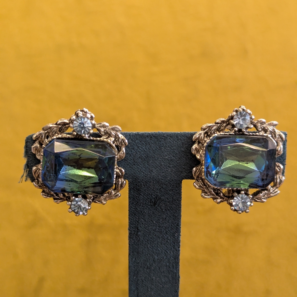 Vintage Green Blue Clip On Rhinestone Earrings